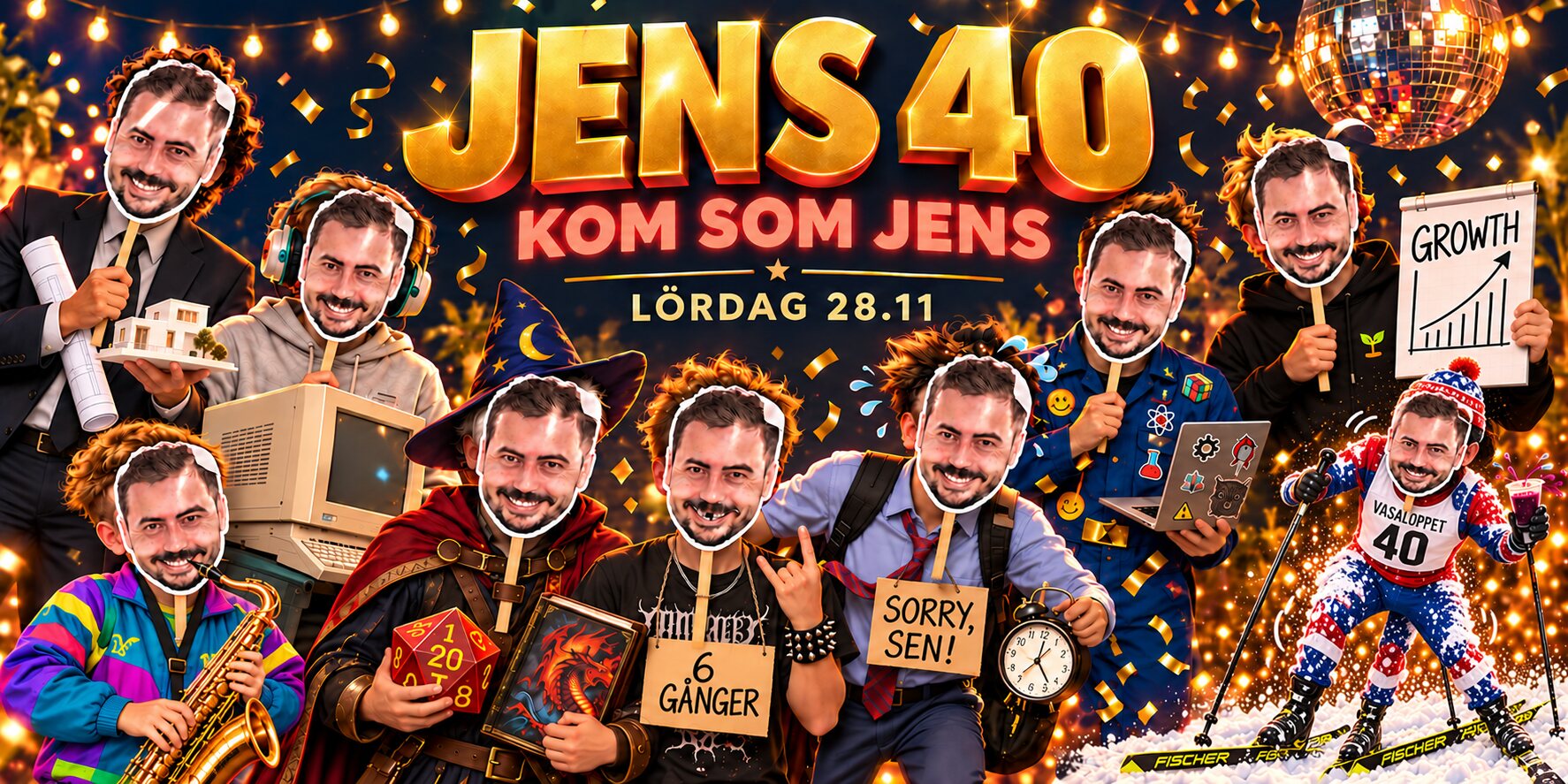 JENS 40 – Kom som Jens – Lördag 28.11. Nio versioner av Jens med pappansikte på pinne, bland guldkonfetti, ljusslingor och en discokula: i kostym med husmodell och ritningar, med hörlurar och en gammal dator, som barn i färgglad vindjacka med saxofon, som trollkarl med tärning och drakbok, i bandtröja och nitarmband med skylten ”6 gånger”, med väckarklocka och skylten ”Sorry, sen!”, i overall full av tygmärken med en laptop, i hoodie med en ”Growth”-graf och som skidåkare i Vasaloppet med startnummer 40.